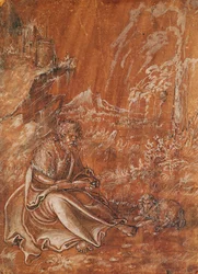 San Giovanni Battista seduto in un Paesaggio Montuoso (inchiostro su carta)